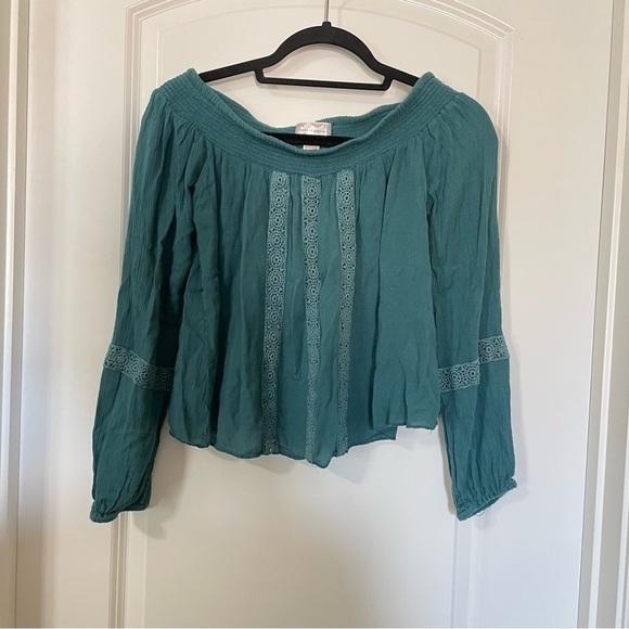 Band of Gypsies Teal Green Off the Shoulder Long Sleeve Boho Blouse - Picture 1 of 7